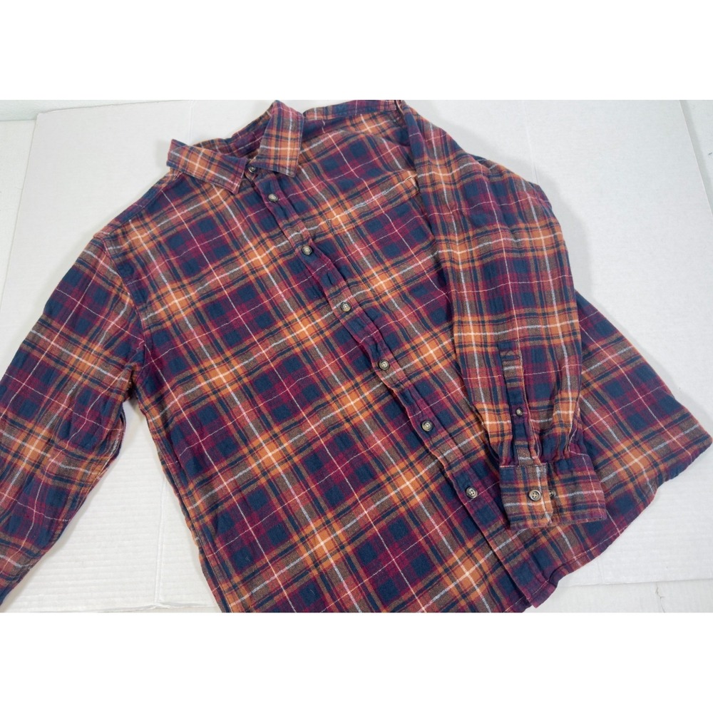 Eddie Bauer Men's Shirt  Large Flannel Orange Navy Blue Plaid Cotton Button Down